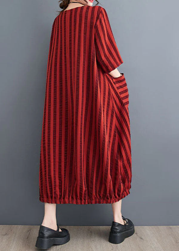 Red Pockets Patchwork Cotton Dresses O Neck Striped Summer - Image 3