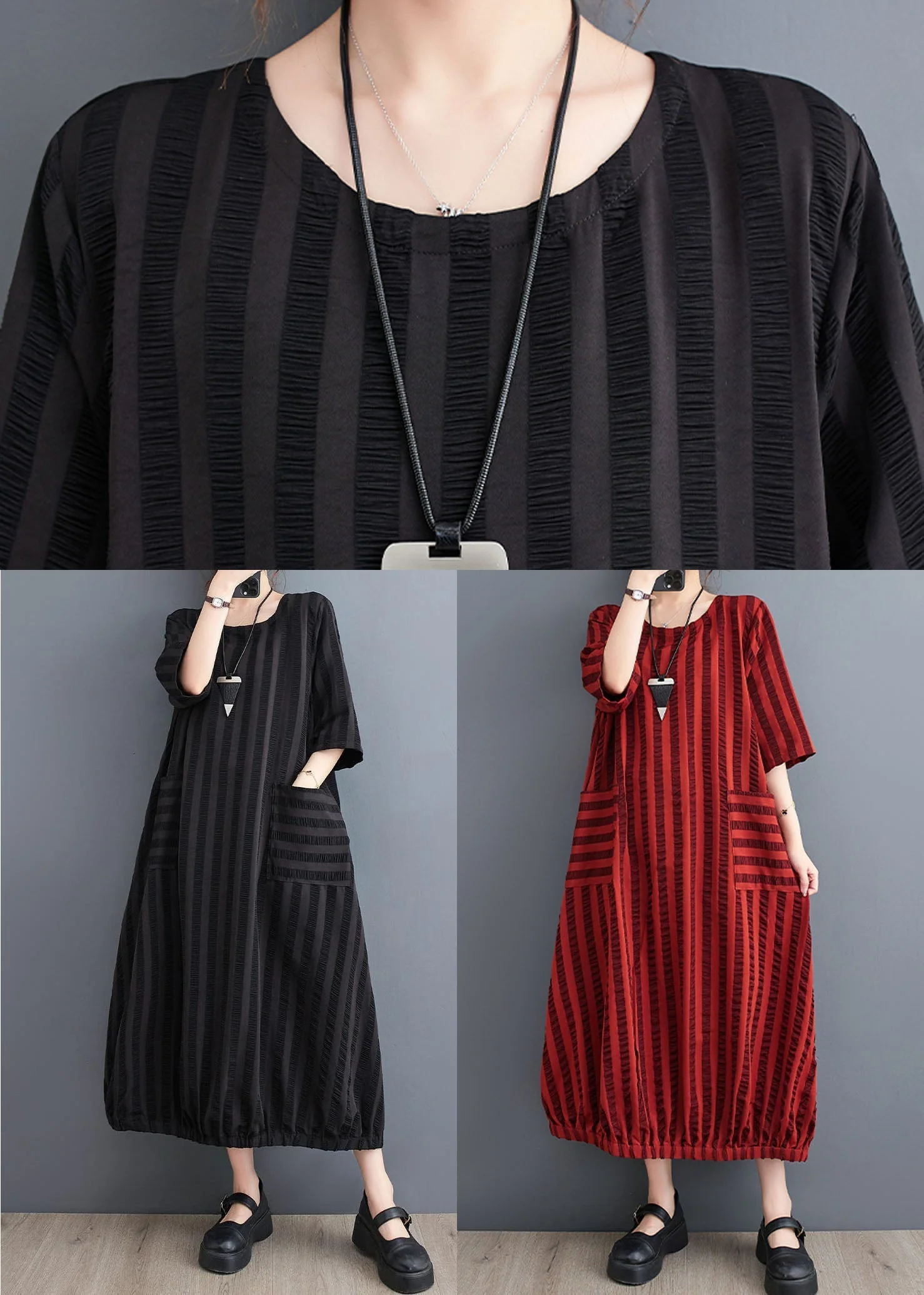 Red Pockets Patchwork Cotton Dresses O Neck Striped Summer - Image 4