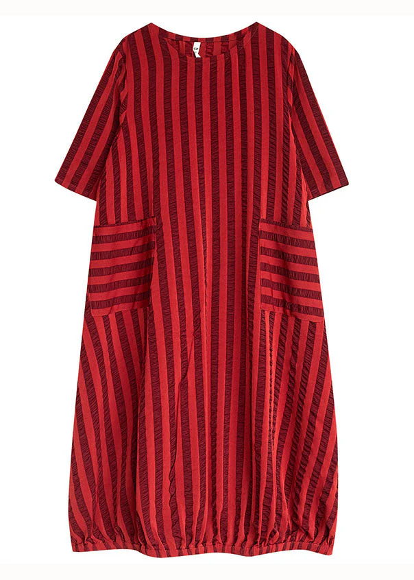 Red Pockets Patchwork Cotton Dresses O Neck Striped Summer - Image 5