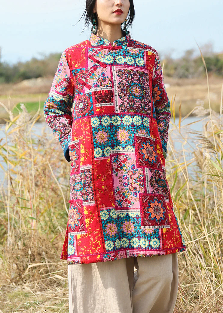 Red Pockets Patchwork Cotton Mid Dresses Stand Collar Long Sleeve - Image 2