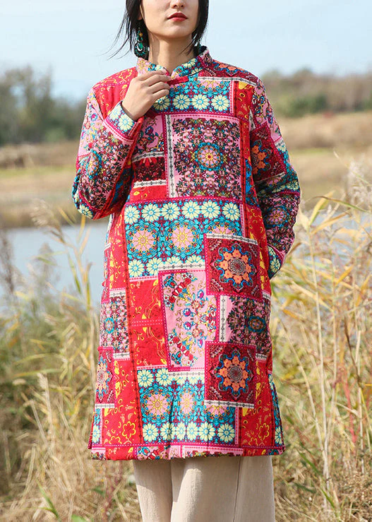 Red Pockets Patchwork Cotton Mid Dresses Stand Collar Long Sleeve - Image 3
