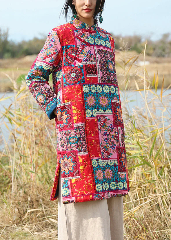 Red Pockets Patchwork Cotton Mid Dresses Stand Collar Long Sleeve - Image 4