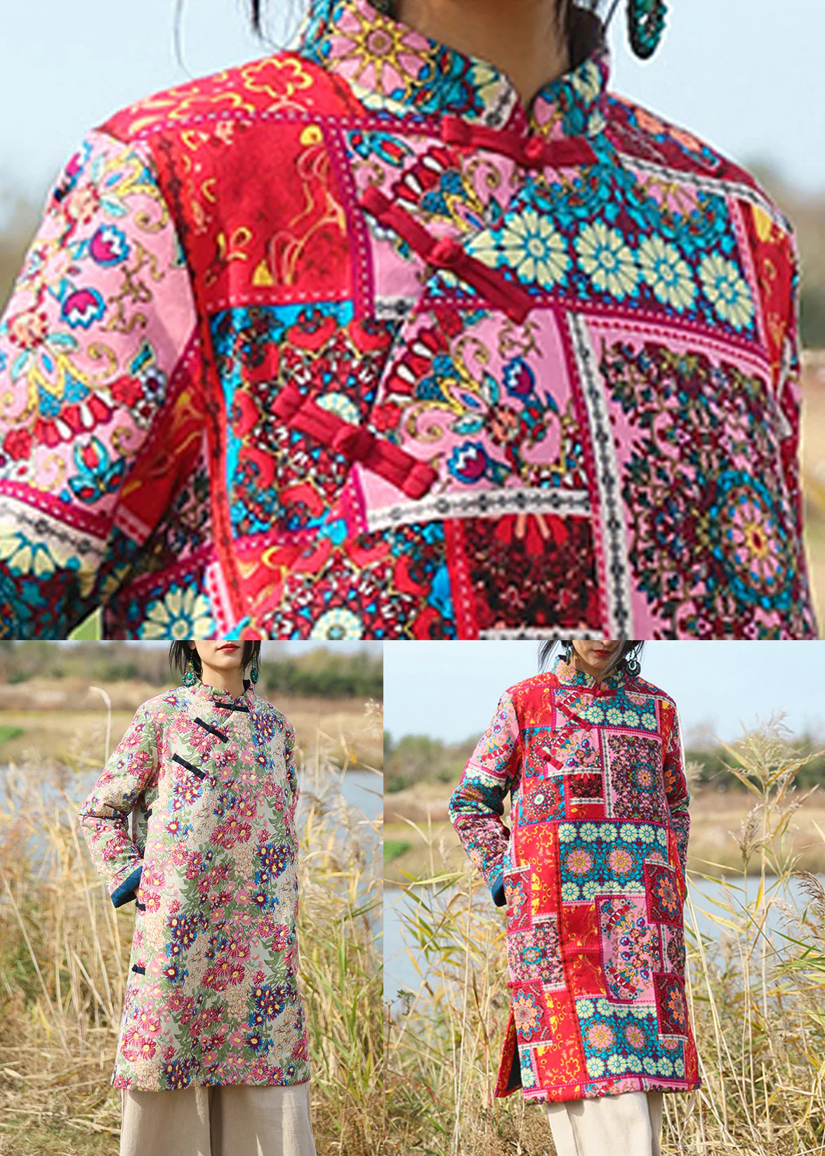 Red Pockets Patchwork Cotton Mid Dresses Stand Collar Long Sleeve - Image 5
