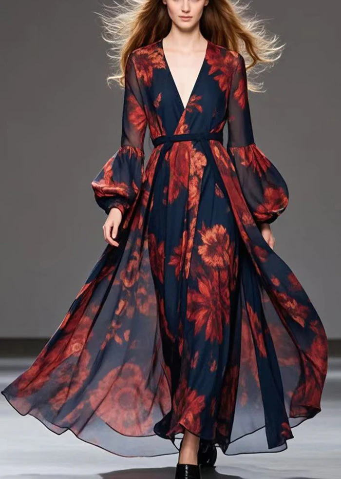 Red Print Chiffon Cinched Dress V Neck Exra Large Hem Spring - Image 3
