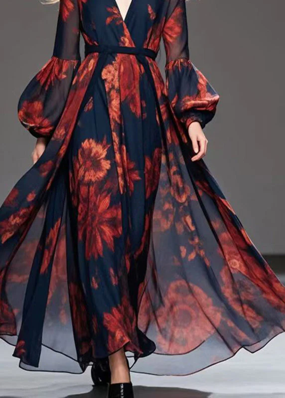 Red Print Chiffon Cinched Dress V Neck Exra Large Hem Spring - Image 4