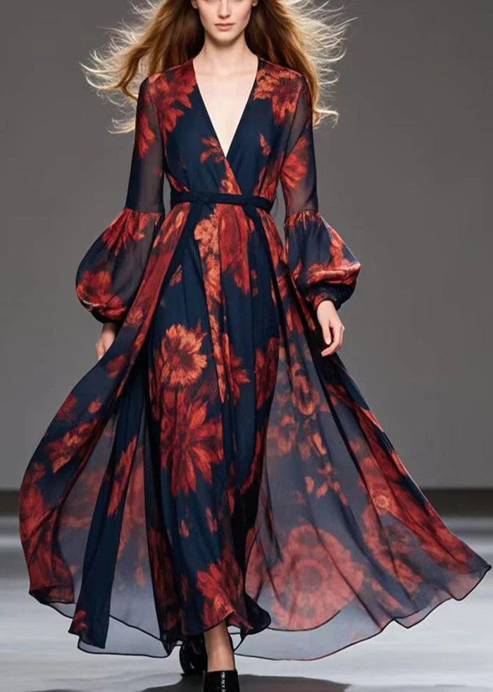 Red Print Chiffon Cinched Dress V Neck Exra Large Hem Spring - Image 5