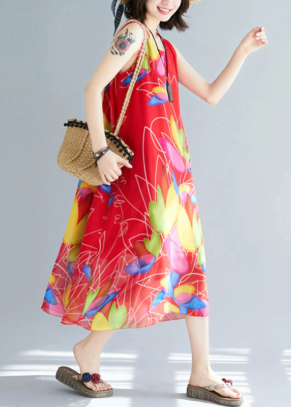 Red Print Chiffon Holiday Dresses O Neck Summer - Image 3