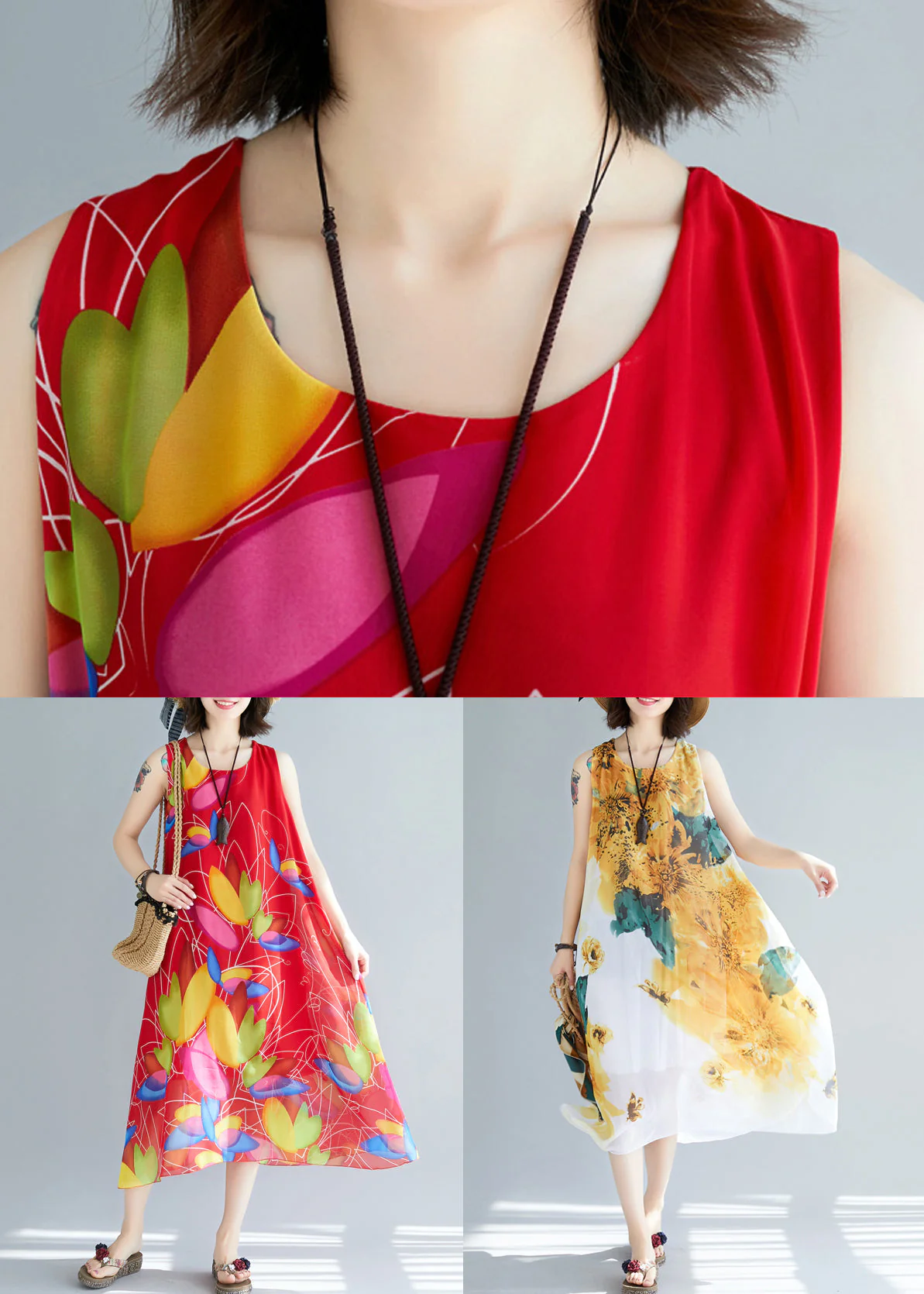 Red Print Chiffon Holiday Dresses O Neck Summer - Image 5