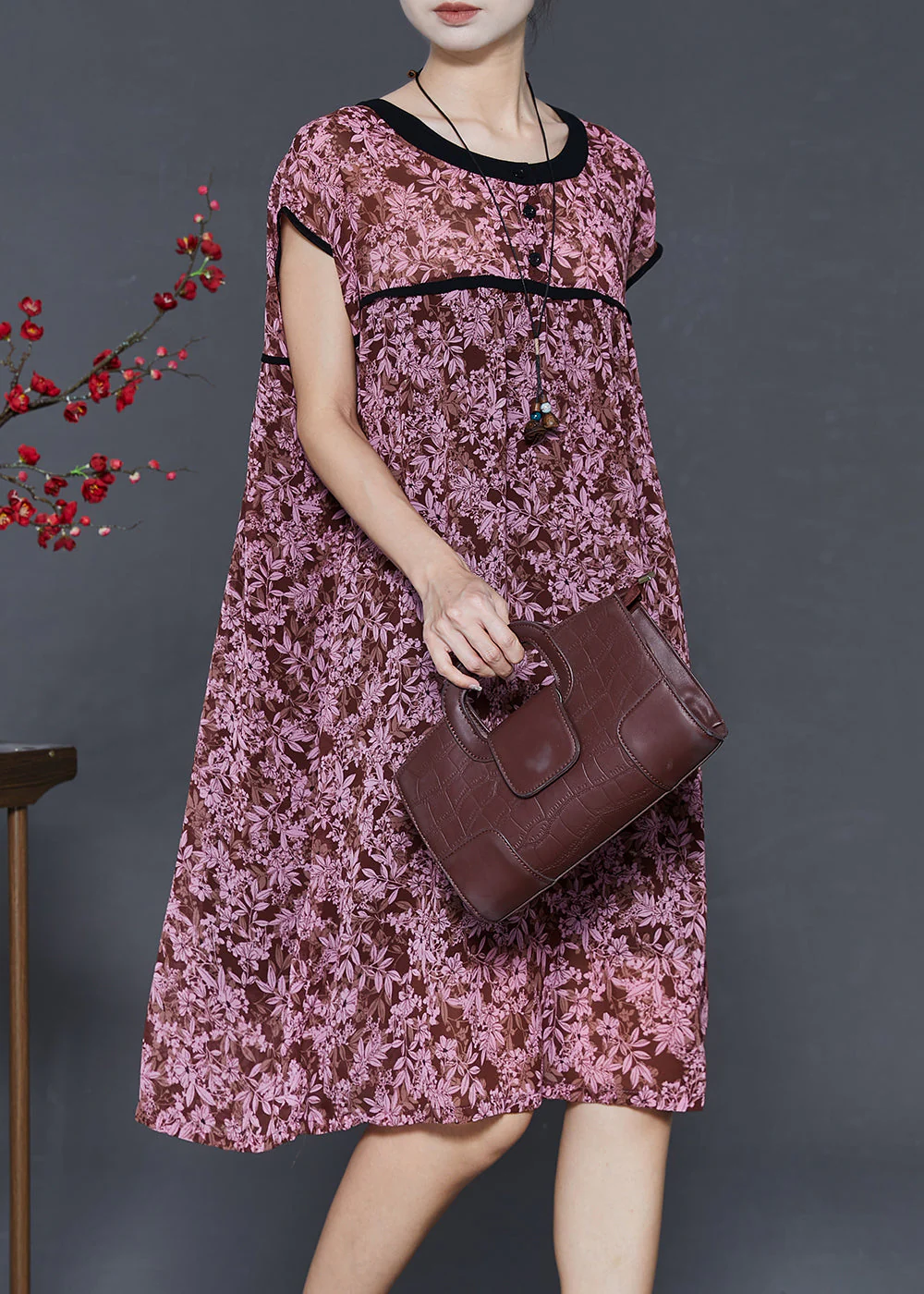 Red Print Chiffon Holiday Dresses Oversized Summer