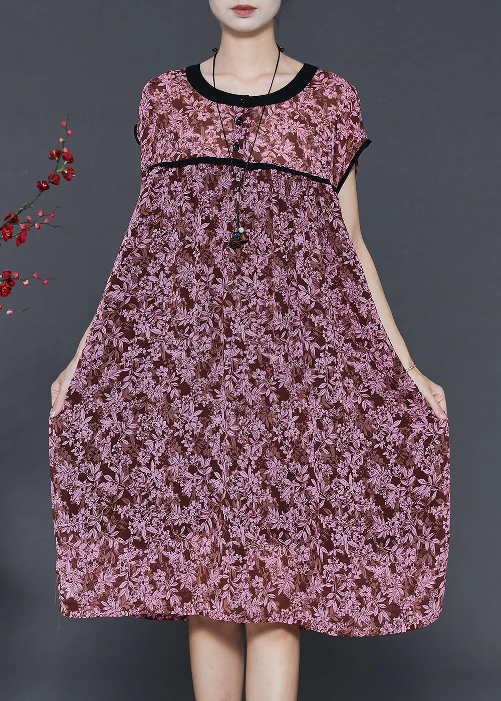 Red Print Chiffon Holiday Dresses Oversized Summer - Image 2