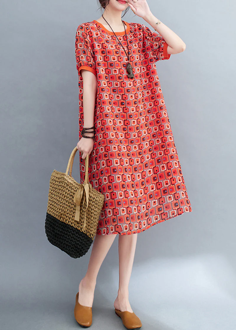 Red Print Chiffon Long Dress O-Neck Oversized Summer - Image 2