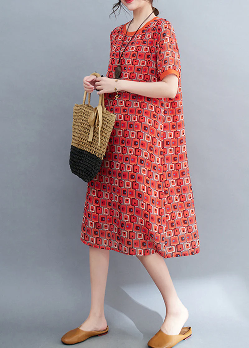 Red Print Chiffon Long Dress O-Neck Oversized Summer - Image 3