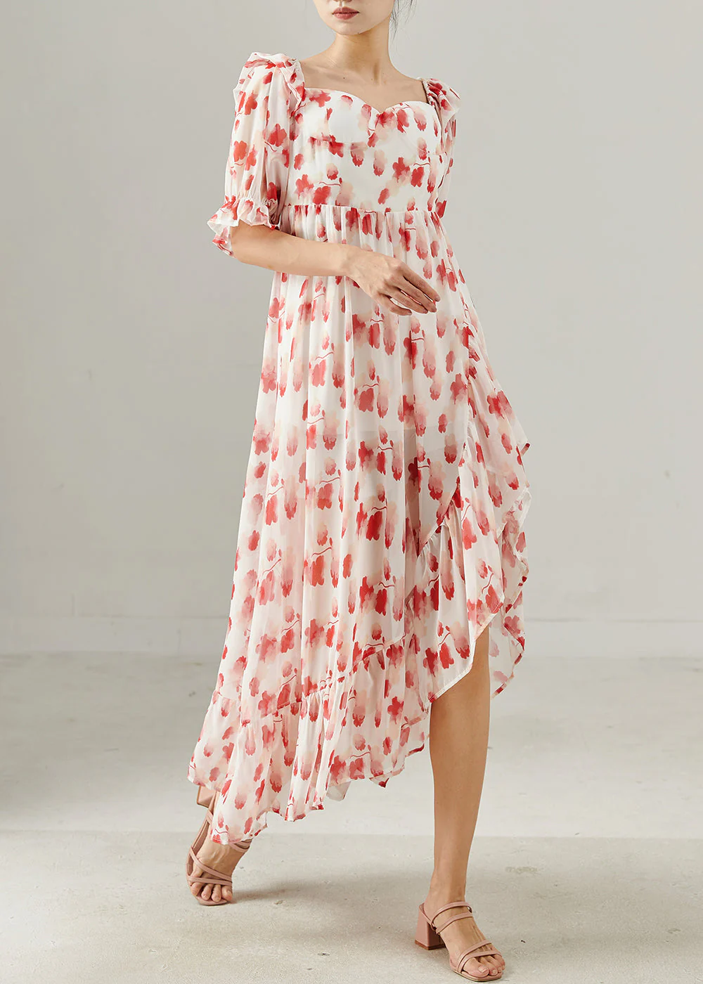 Red Print Chiffon Long Dresses Square Collar Summer - Image 3