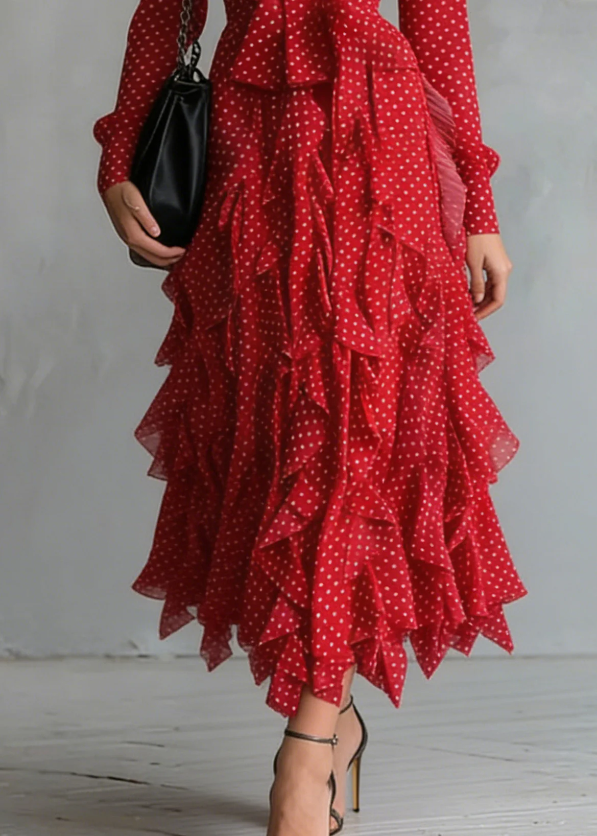 Red Print Chiffon Shirt Dress Bow Ruffles Spring - Image 4