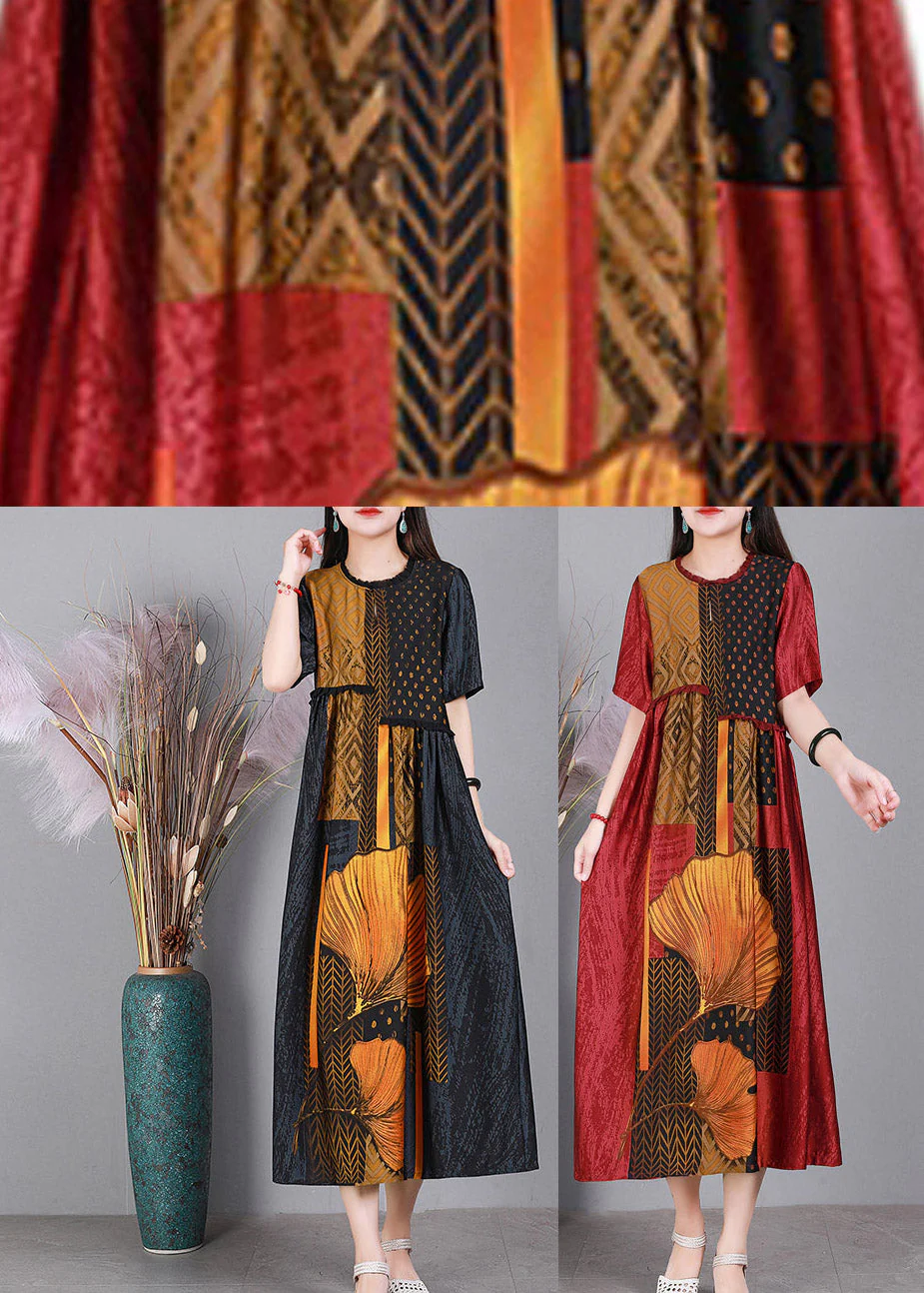 Red Print Cinched Silk Long Dress Short Sleeve - Image 4