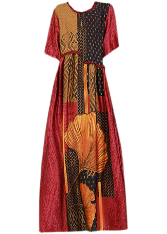 Red Print Cinched Silk Long Dress Short Sleeve - Image 5