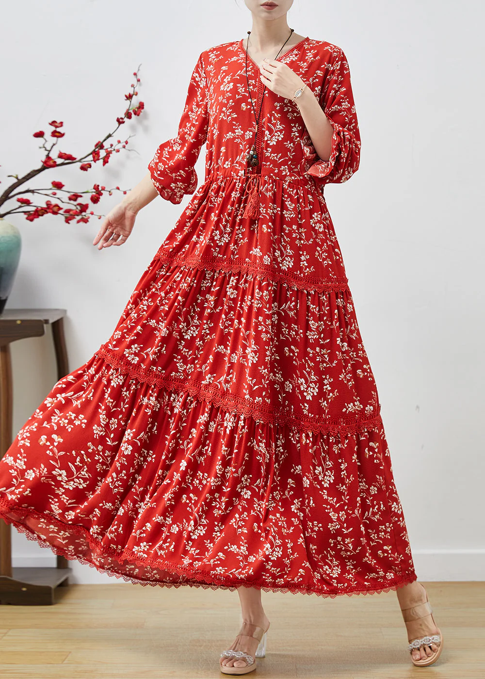 Red Print Cotton Dresses Cinched Exra Large Hem Fall - Image 2