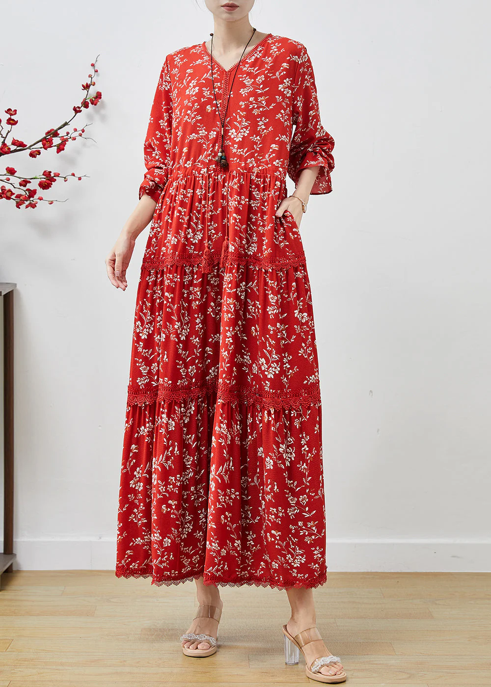 Red Print Cotton Dresses Cinched Exra Large Hem Fall - Image 3