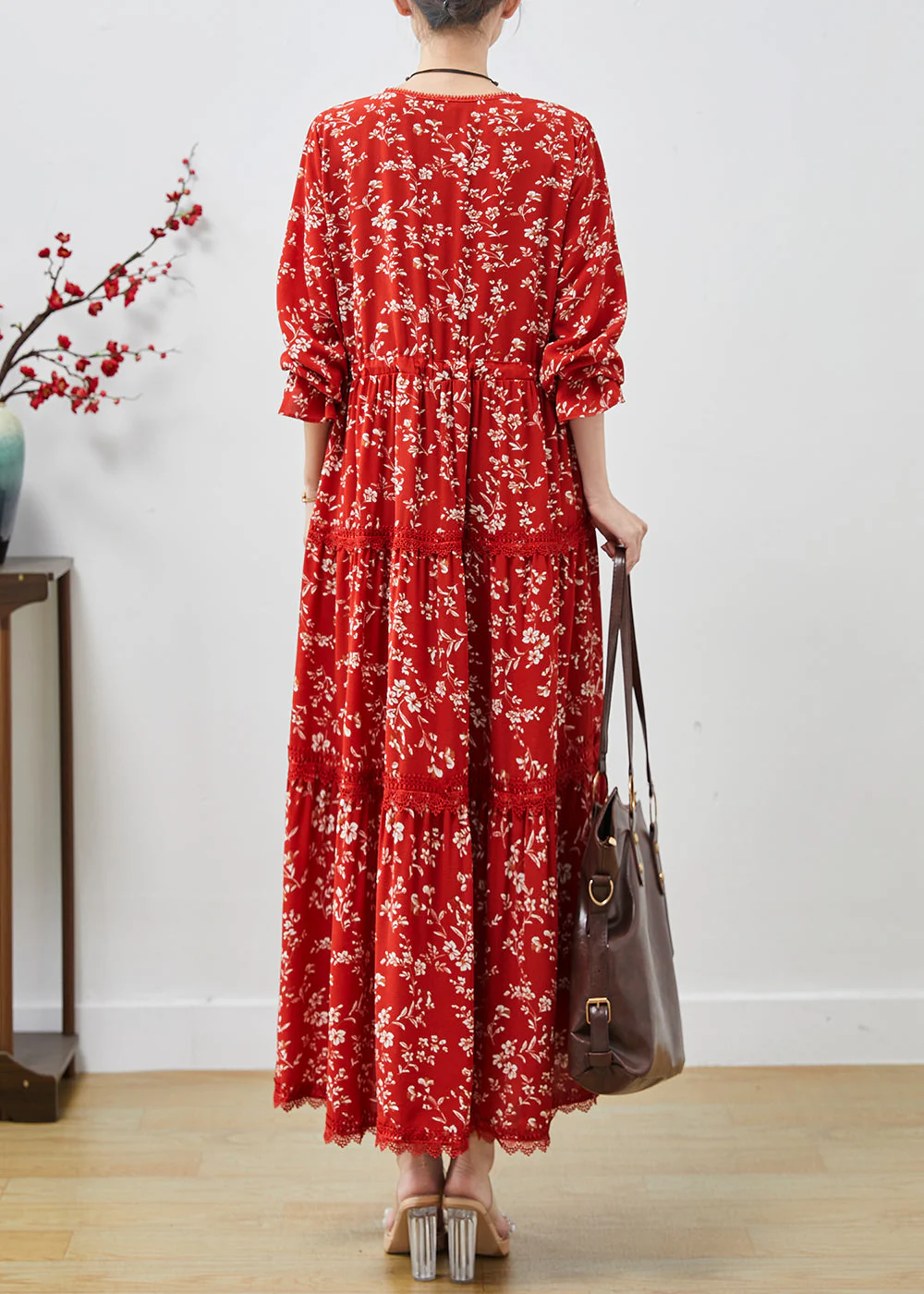 Red Print Cotton Dresses Cinched Exra Large Hem Fall - Image 4