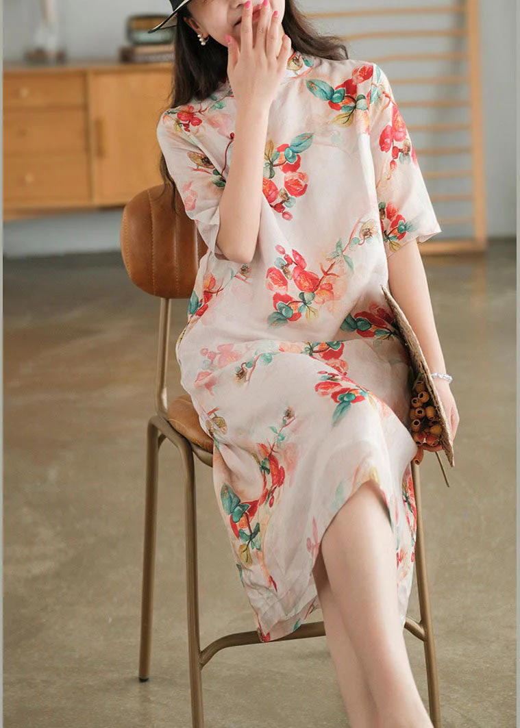 Red Print Cotton Long Dress Mandarin Collar Short Sleeve - Image 3