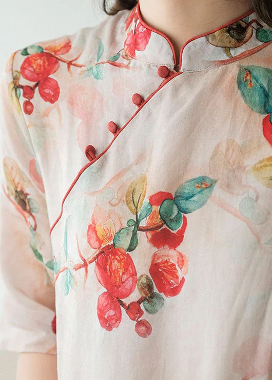 Red Print Cotton Long Dress Mandarin Collar Short Sleeve - Image 4