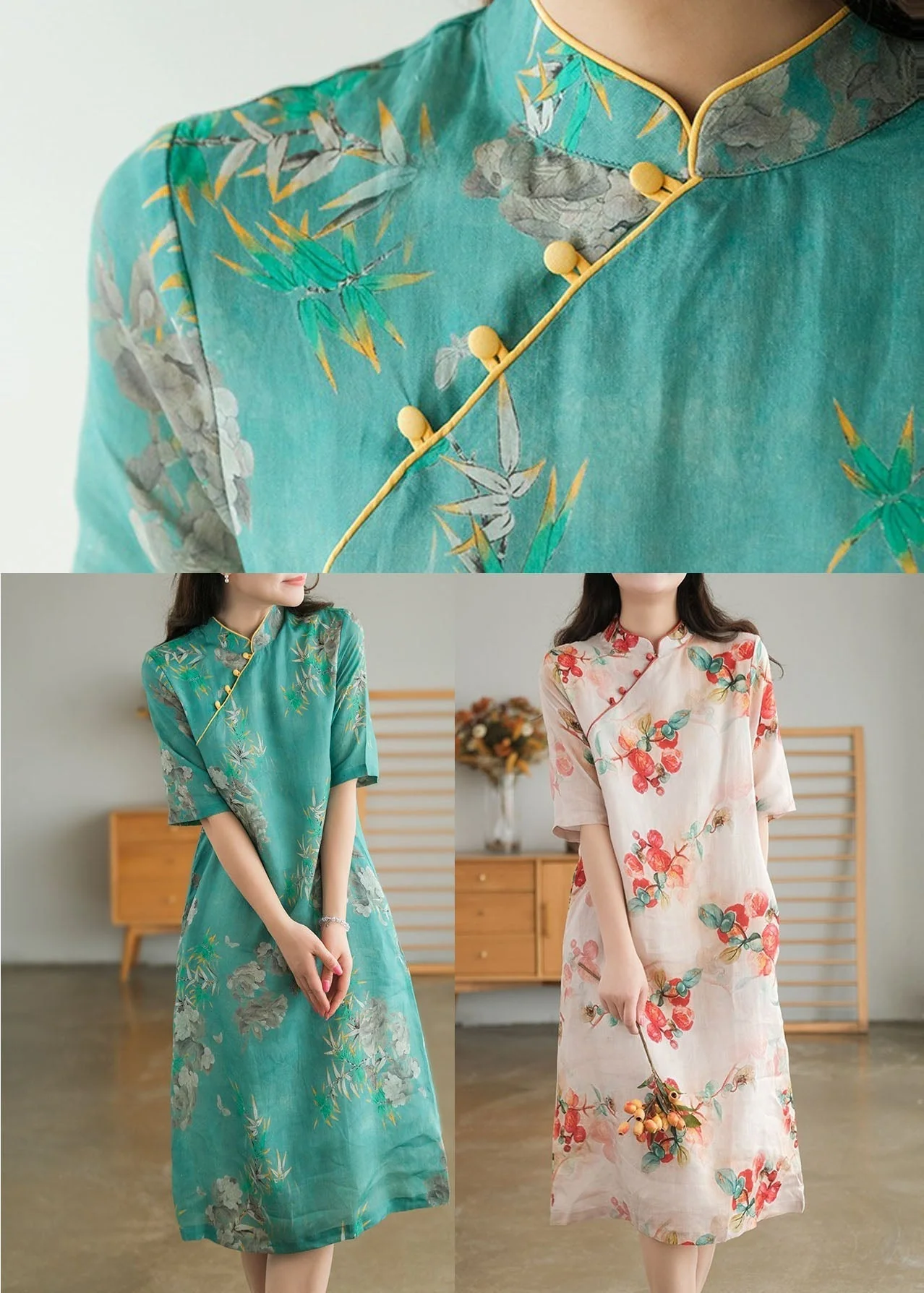 Red Print Cotton Long Dress Mandarin Collar Short Sleeve - Image 5