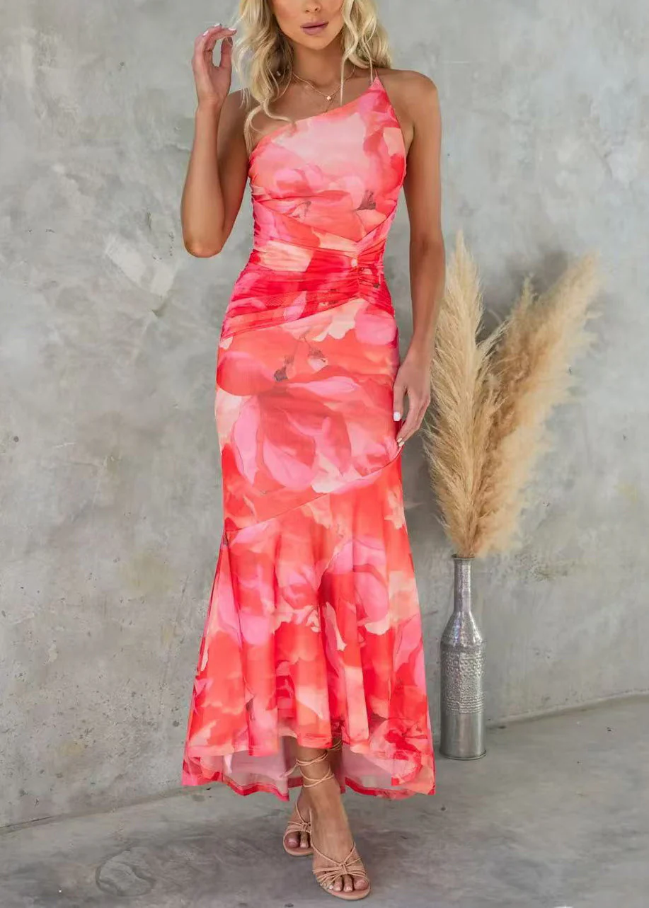 Red Print Cotton Sleeveless Spaghetti Strap Dress Cold Shoulder - Image 2