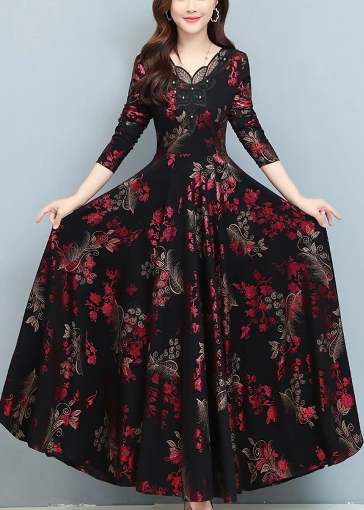 Red Print Draping Silk Holiday Dresses Exra Large Hem Spring - Image 2