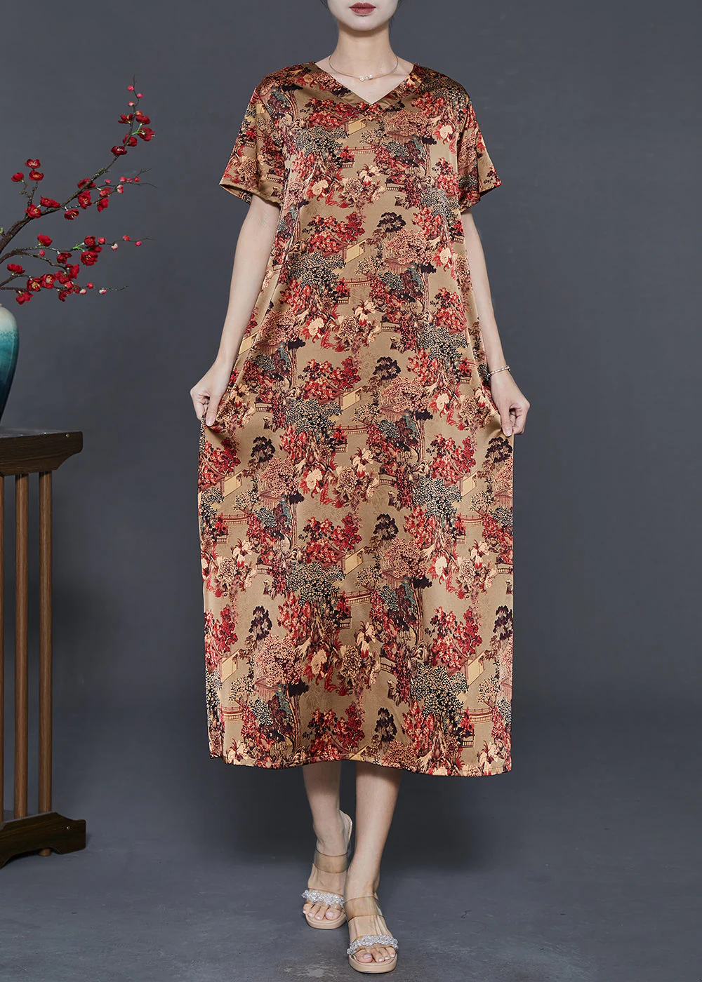 Red Print Draping Silk Long Dress V Neck Summer - Image 3
