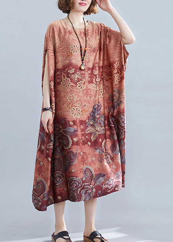 Red Print Draping Silk Loose Dresses O-Neck Short Sleeve - Image 3