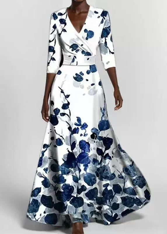 Red Print High Waist Slim Fit Maxi Dresses V Neck Half Sleeve - Image 2