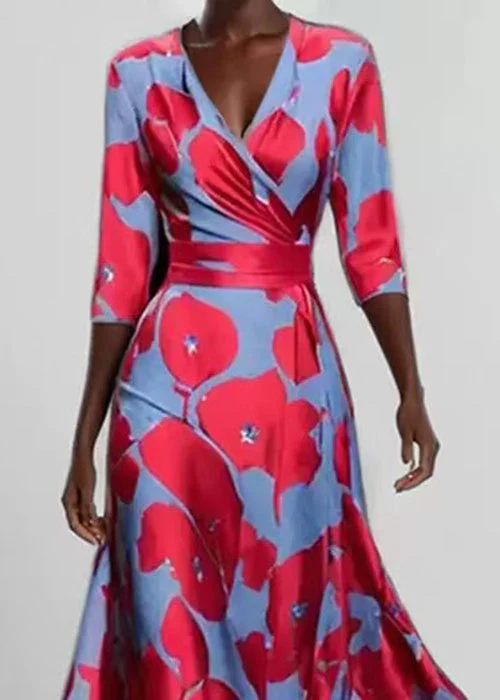 Red Print High Waist Slim Fit Maxi Dresses V Neck Half Sleeve - Image 4