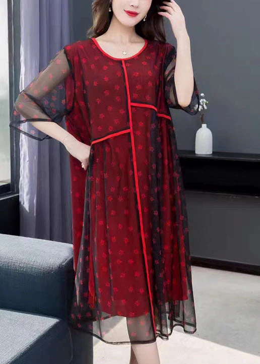Red Print Patchwork Chiffon Dress O Neck Wrinkled Summer - Image 2
