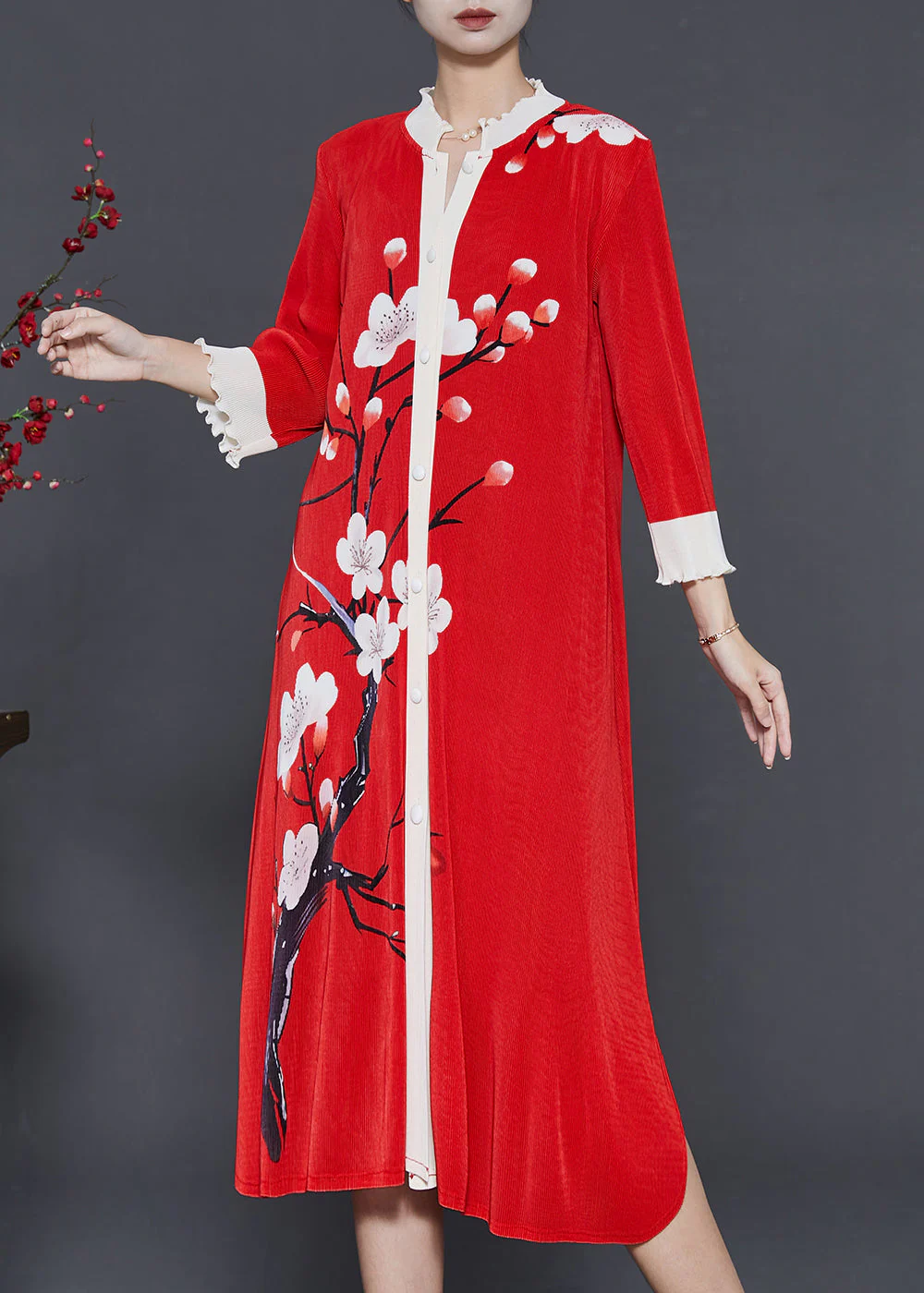 Red Print Patchwork Silk Shirt Dress Oversized Fall - Image 3