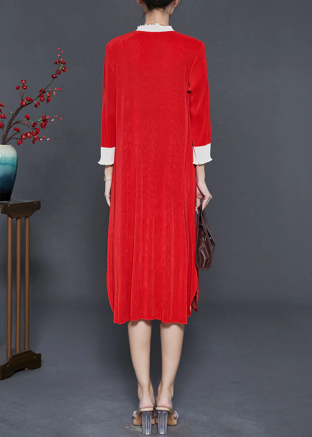 Red Print Patchwork Silk Shirt Dress Oversized Fall - Image 4