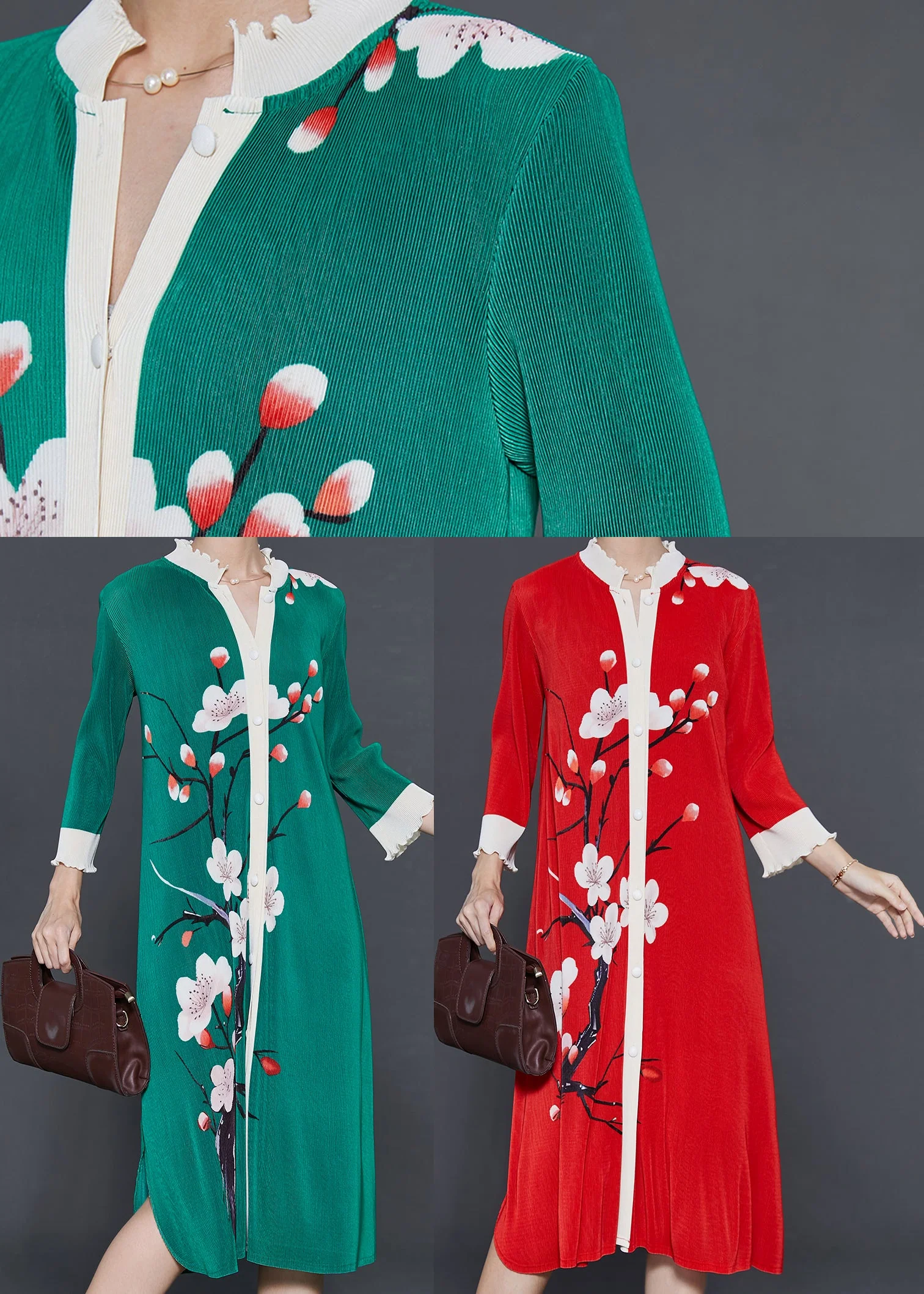 Red Print Patchwork Silk Shirt Dress Oversized Fall - Image 5