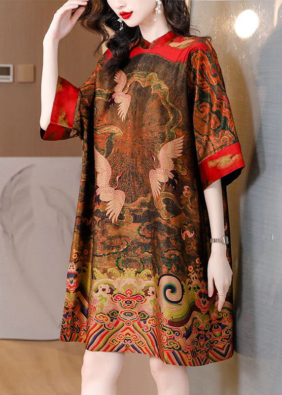 Red Print Silk Vacation Dresses Stand Collar Side Open Half Sleeve - Image 3