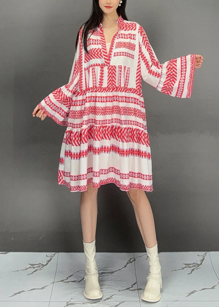 Red Print Wrinkled Patchwork Maxi Dress Fall - Image 3