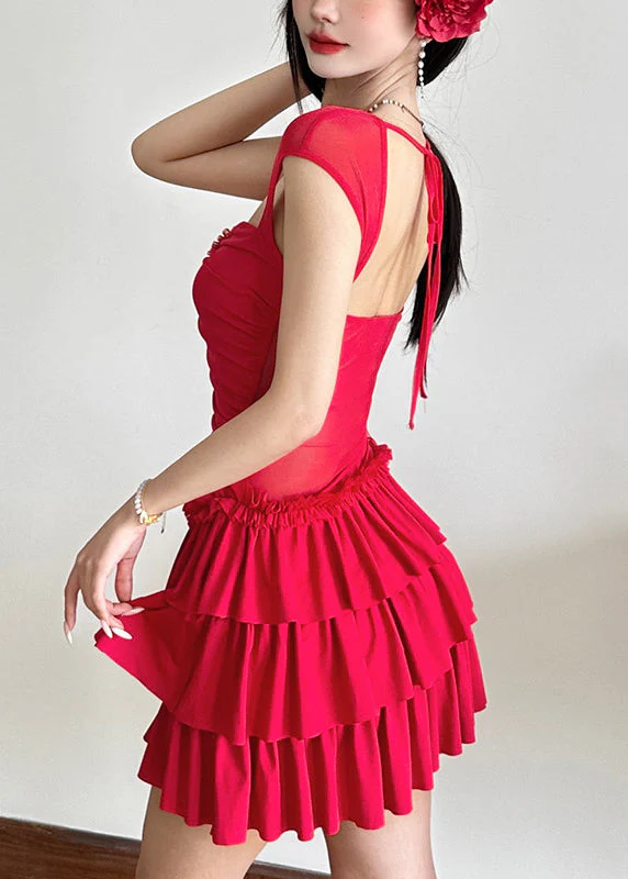 Red Ruffled Patchwork Mid Dresses Short Sleeve - Image 3