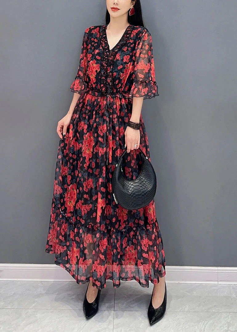 Red Ruffled Patchwork Tie Waist Chiffon Long Dress Half Sleeve - Image 2
