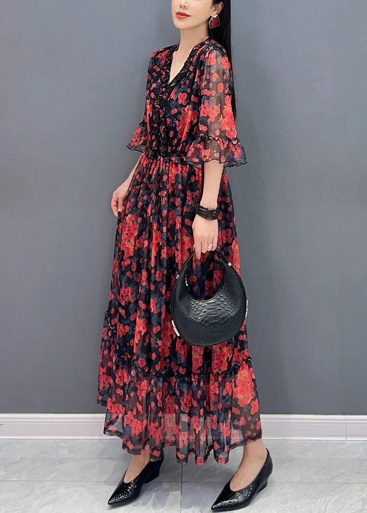 Red Ruffled Patchwork Tie Waist Chiffon Long Dress Half Sleeve - Image 3