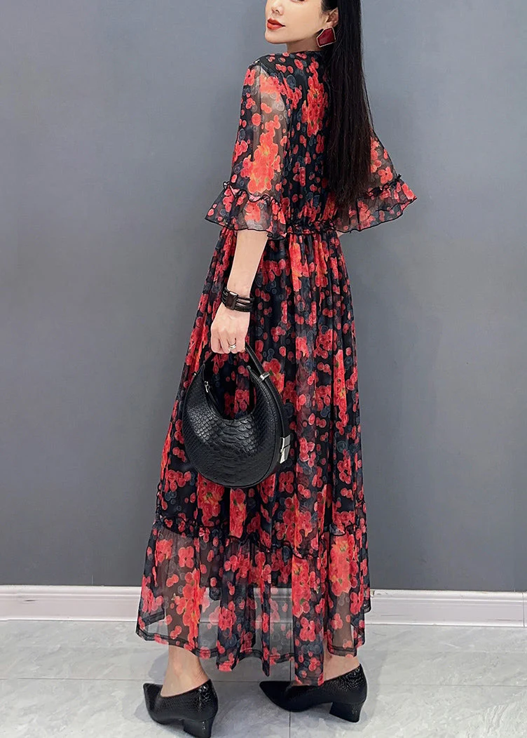 Red Ruffled Patchwork Tie Waist Chiffon Long Dress Half Sleeve - Image 4