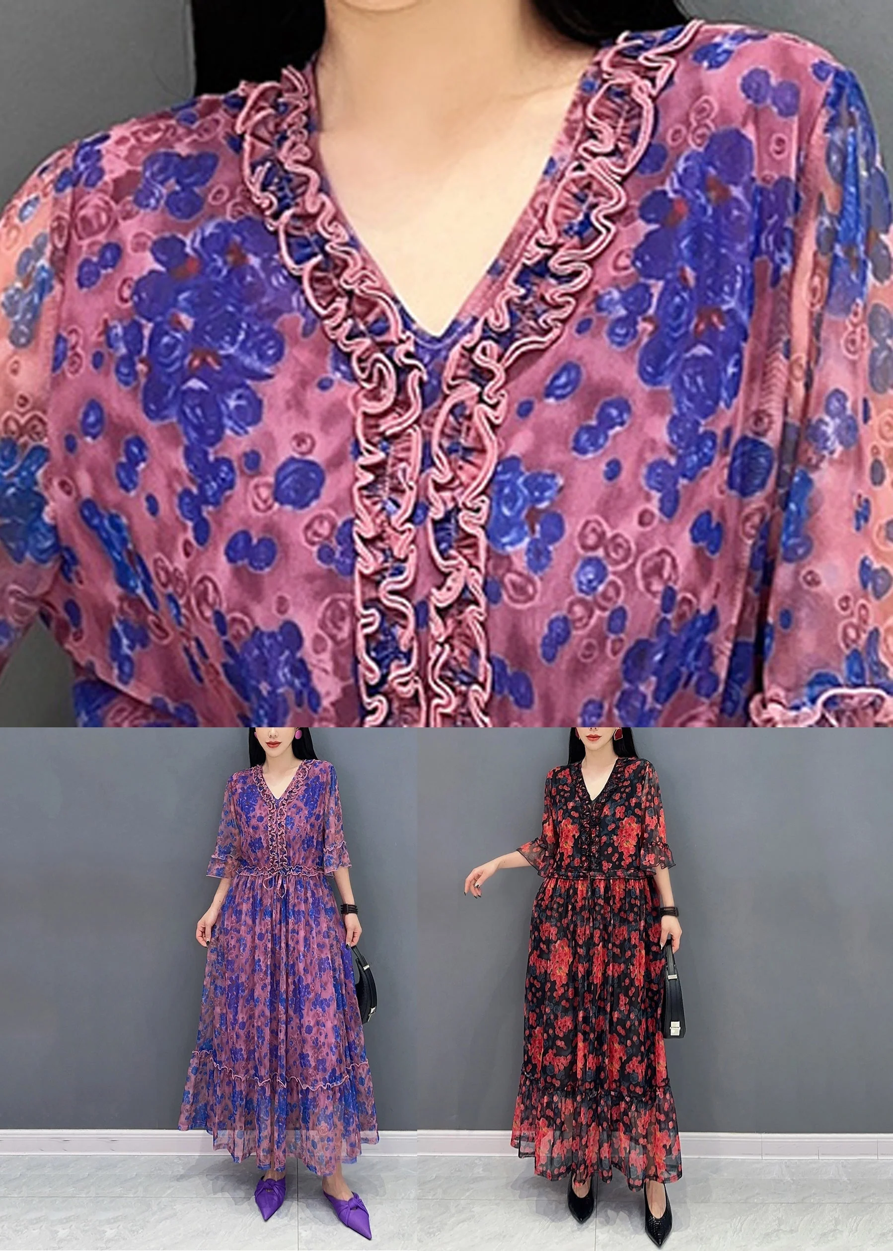 Red Ruffled Patchwork Tie Waist Chiffon Long Dress Half Sleeve - Image 5