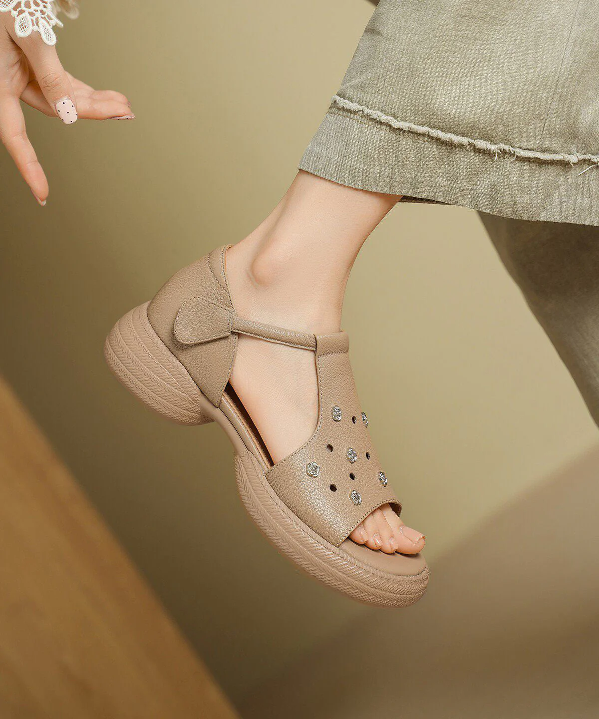 Red Sandals Platform Sheepskin Elegant Hollow Out Sandals - Image 3