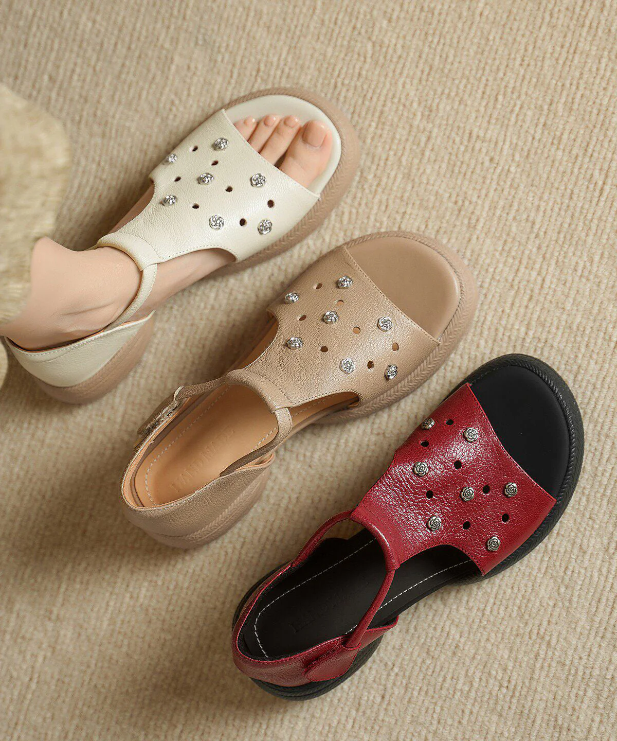 Red Sandals Platform Sheepskin Elegant Hollow Out Sandals - Image 5