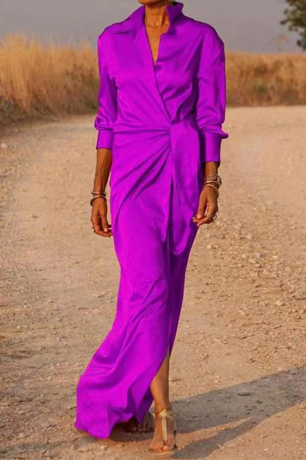 Color texture Satin Wrap Shirt Maxi Dress - Image 7