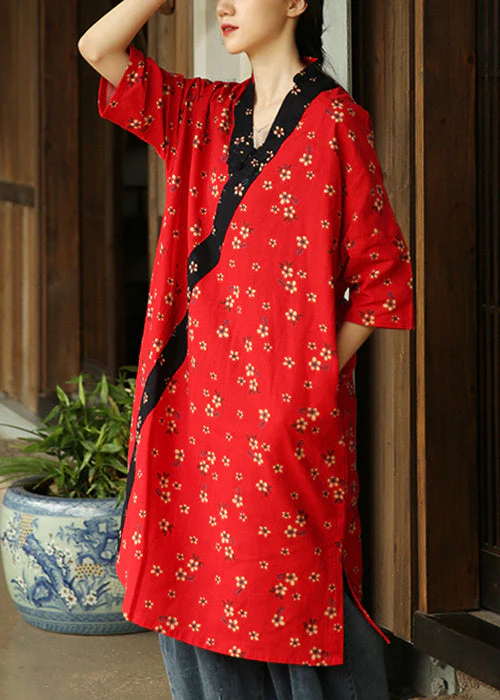 Red Side Open Patchwork Cotton Dress V Neck Half Sleeve - Image 3