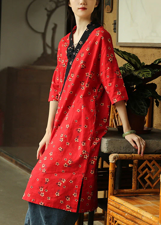 Red Side Open Patchwork Cotton Dress V Neck Half Sleeve - Image 4