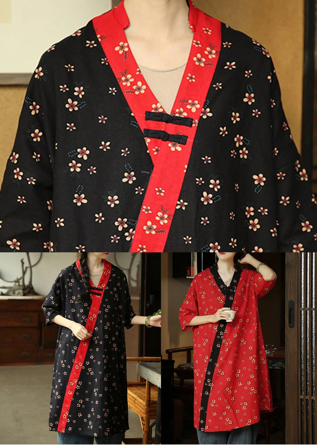 Red Side Open Patchwork Cotton Dress V Neck Half Sleeve - Image 5