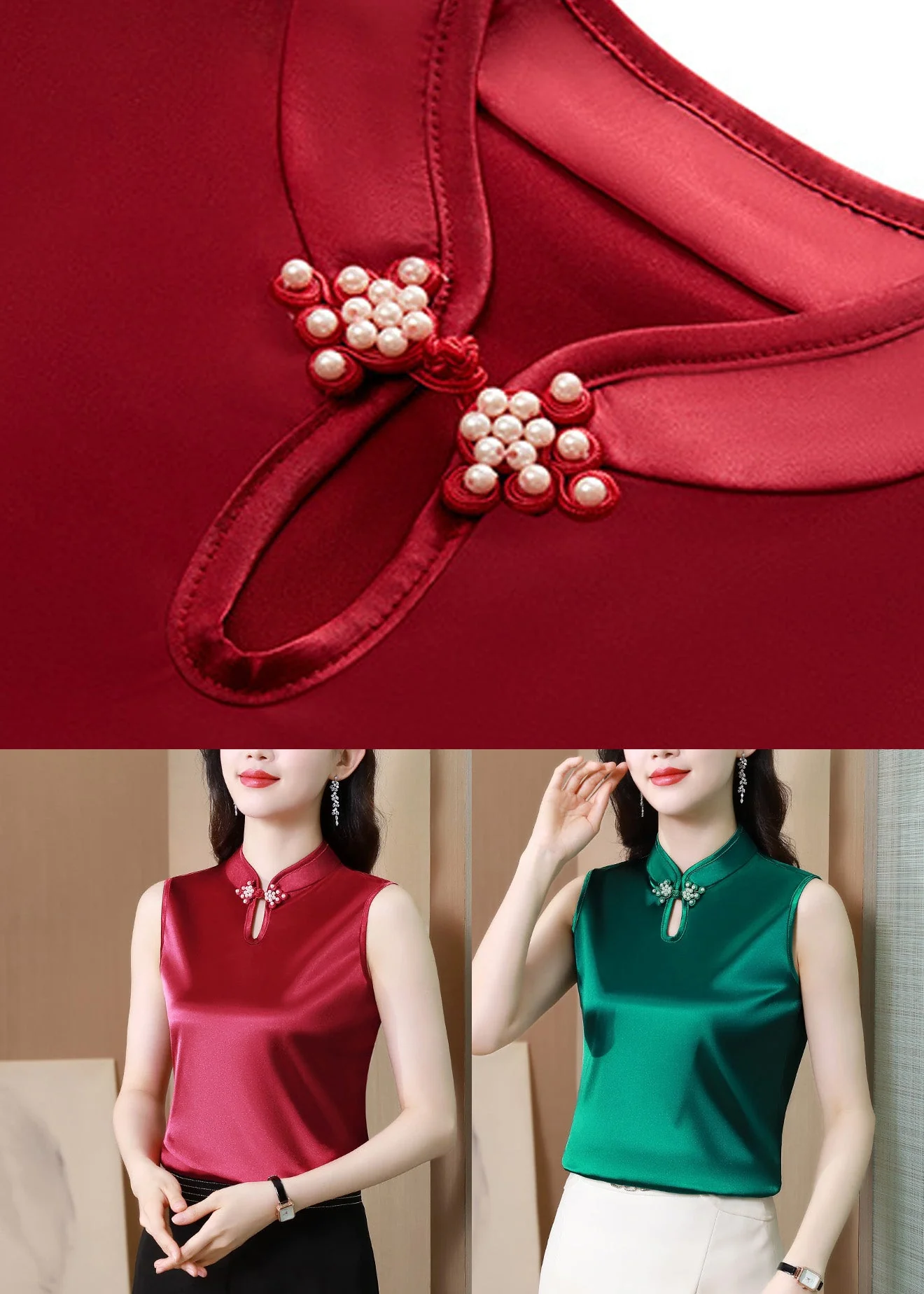 Red Silk Tops Stand Collar Summer - Image 5